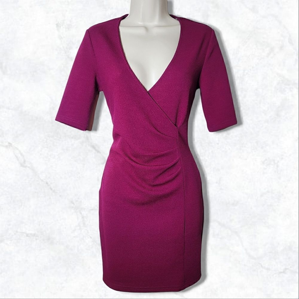 Forever 21 Burgundy Faux Wrap Fitted Cropped Sleeve Mini Knit Dress